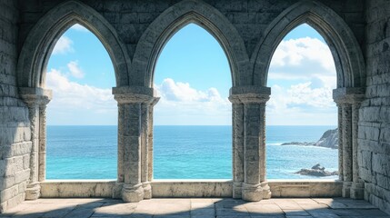 Historic medieval stone arched windows with romantic view of sea or ocean, summer landscape background. Generation of Ai