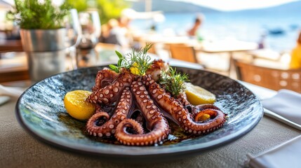 Wall Mural - seafood – octopus. a beautiful dish with octopus at a summer table in a cafe by the sea.