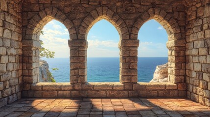 Historic medieval stone arched windows with romantic view of sea or ocean, summer landscape background. Generation of Ai