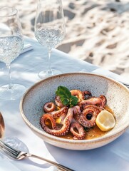 Wall Mural - seafood – octopus. a beautiful dish with octopus at a summer table in a cafe by the sea.