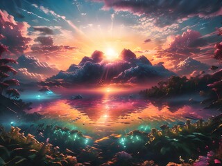 Wall Mural - This captivating image features a man standing on a hill, gazing at a breathtaking sunset that paints the sky in vibrant hues of orange, pink, and purple.