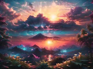 Wall Mural - This captivating image features a man standing on a hill, gazing at a breathtaking sunset that paints the sky in vibrant hues of orange, pink, and purple.