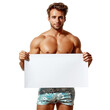 © SuperPixel Inc - Front view mid body shot of a Caucasian man holding a blank white placard in a sleeveless tee and board shorts, isolated on a white transparent background