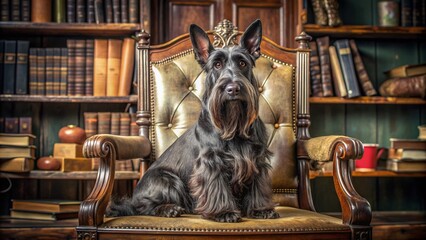 Wall Mural - Adorable Scottish Terrier dog with distinctive beard and mustache, sitting on a ornate wooden chair, surrounded by vintage books and antique objects.