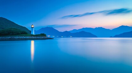 Wall Mural - A lighthouse in the middle of a body of water with mountains in the background