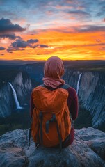 Poster - A person sitting on top of a mountain with a backpack looking at a waterfall