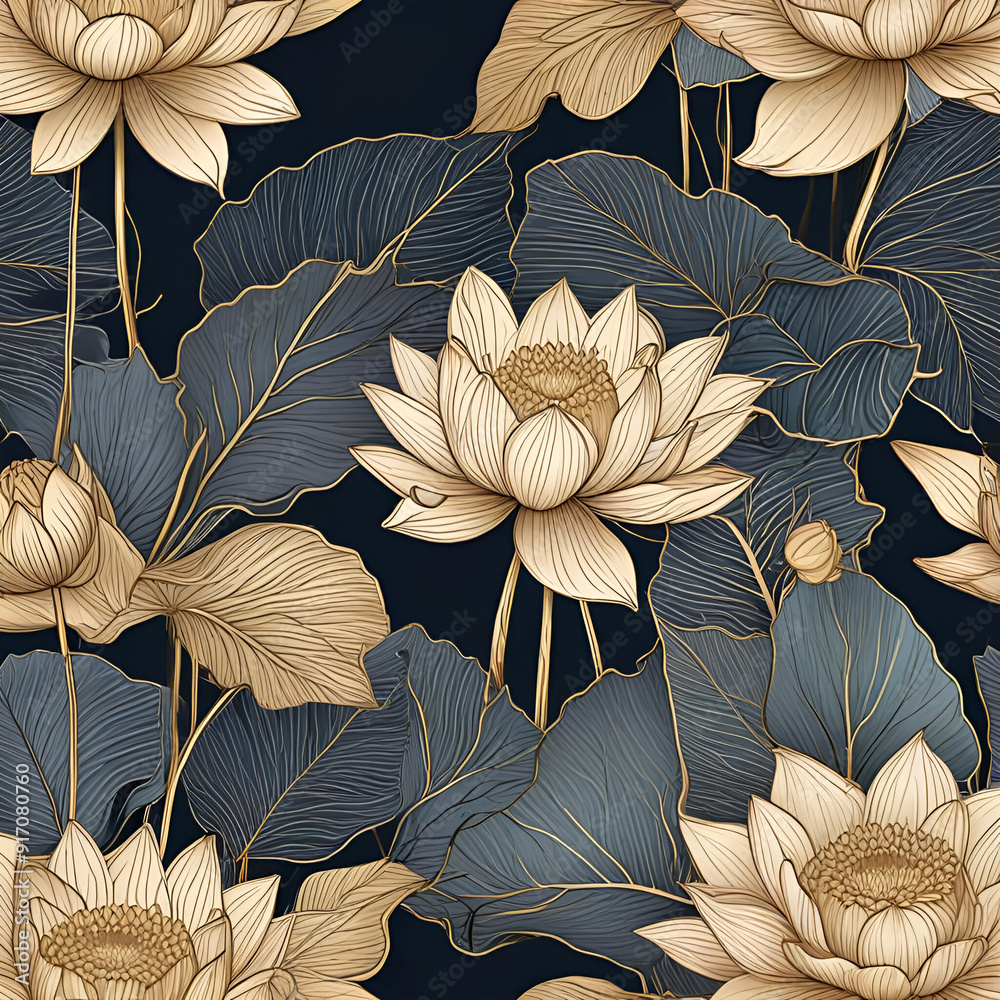Elegant hand-drawn botanical leaves and gradient gold lotus flowers ...