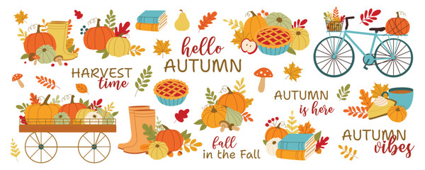  Autumn symbols set. Fall concept for Harvest festival or Thanksgiving Day