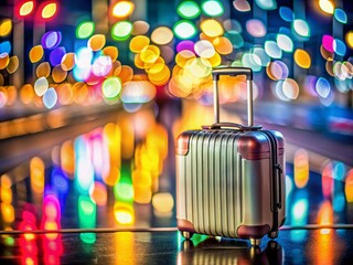 Vibrant bokeh lights surround a sleek, empty suitcase, evoking a sense of adventure and travel, with a blurred, colorful background of airport or city lights.