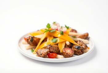 Grilled Mushrooms with Yellow Peppers, Cherry Tomatoes, and Parsley on a White Plate.