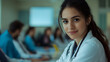 © imran - Young female doctor in a white coat sits at a meeting of doctors in a hospital