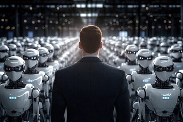 a businessman in front of robot crowd, the integration of human leadership and ai technology