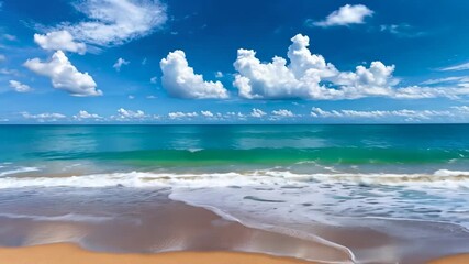 Wall Mural - Enjoy the calming sound of waves gently rolling onto the shore, with fluffy clouds dancing across the blue sky on a perfect day