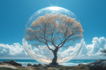 Poster - A bubble tree with branches that extend into the sky, each one ending in a large, shimmering orb,
