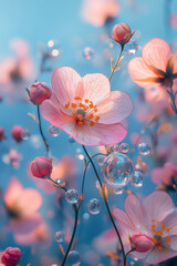 Poster - An abstract garden filled with bubble flowers that glow softly under a twilight sky,