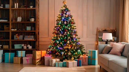 Cozy Christmas Tree Adorned with Colorful Lights and Gifts in Warm Living Room