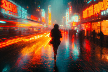 Poster - A figure running through a colorful, bustling cityscape, with neon signs and street art glowing brightly,