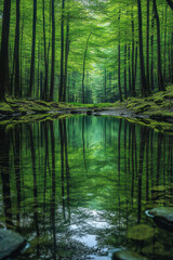 Fototapete - A quiet forest clearing with a small, still pond reflecting the surrounding trees, observed by a silent fox,