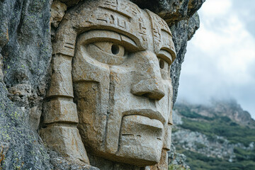 Poster - An imposing stone statue of a guardian, carved into the mountainside, watches over the vale with silent vigilance,