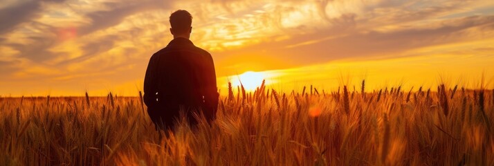 Wall Mural - Silhouette of an Asian man gazing at sunrise or sunset in the sky amidst ripe wheat fields during the harvest season Agriculture concept