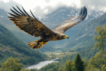 Wall Mural - The Sentinel of the Vale, a majestic eagle, soars high above the valley, keeping watch over the land below,