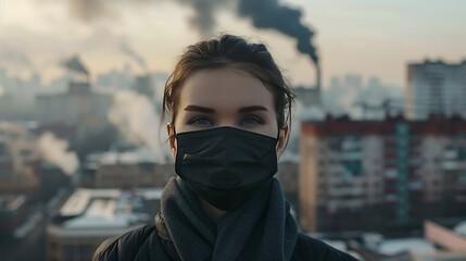 A woman wearing a black mask stands in front of a smoggy city skyline