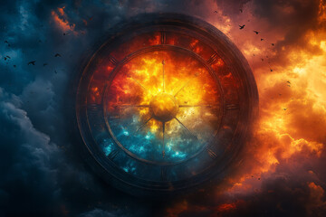 Poster - A surreal depiction of a Wheel of Fortune in the sky, with birds flying around it as it turns,