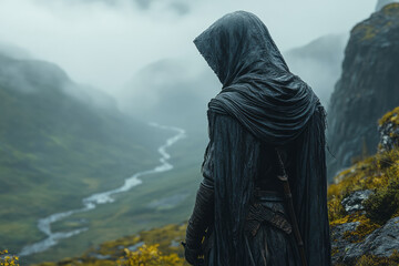 Poster - A mysterious hooded figure standing at the edge of the vale, their gaze fixed on the horizon as they guard the valley,