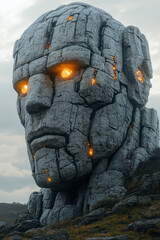 Wall Mural - The Sentinel of the Vale, a colossal stone golem, half-buried in the earth, watching over the land with glowing eyes,