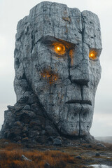 Poster - The Sentinel of the Vale, a colossal stone golem, half-buried in the earth, watching over the land with glowing eyes,