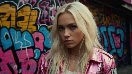 A woman with blonde hair is standing in front of a wall covered in graffiti