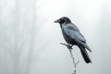 Poster - A solitary raven perched on a branch at the edge of the vale, its keen eyes scanning the horizon as the Sentinel,