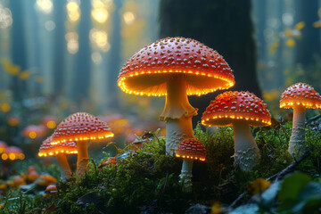 A serene forest scene where the ground is covered with a carpet of tiny, colorful mushrooms that glow softly in the dim light,