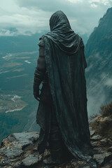 Poster - A tall, silent figure clad in dark armor, standing vigil over the vale from a shadowed hilltop,