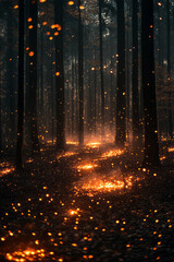 Poster - A mystical forest where the embers released by a dying fire transform into fireflies, each carrying the essence of the night......