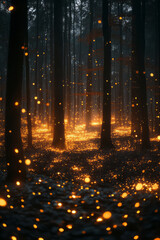 Aufkleber - A mystical forest where the embers released by a dying fire transform into fireflies, each carrying the essence of the night......
