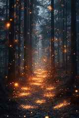 Poster - A mystical forest where the embers released by a dying fire transform into fireflies, each carrying the essence of the night......