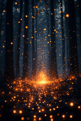 Aufkleber - A mystical forest where the embers released by a dying fire transform into fireflies, each carrying the essence of the night......