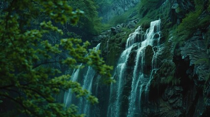 Defocused waterfall in lush green forest