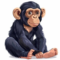 a cartoon-style illustration of a seated chimpanzee with a curious expression and fluffy fur.