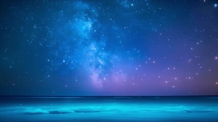Wall Mural - 3d animation of bioluminescent waves illuminate ocean as stars fall from the sky