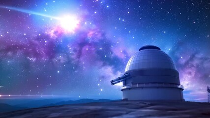 Wall Mural - night scene of remote mountain observatory with dome and telescope under starry sky with Milkyway