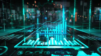 3D holographic display of financial growth trends, futuristic analytics