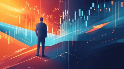Poster - Businessman illustrating a stock market uptrend, with a clean, dynamic background and professional, sleek visuals.
