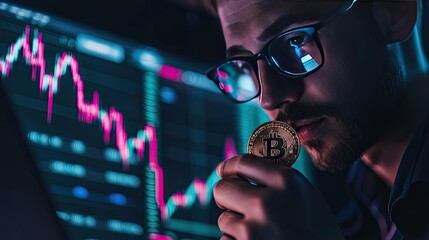 Poster - Closeup of a male trader with Bitcoin in hand, studying stock market diagrams on his laptop, highlighting crypto investment.