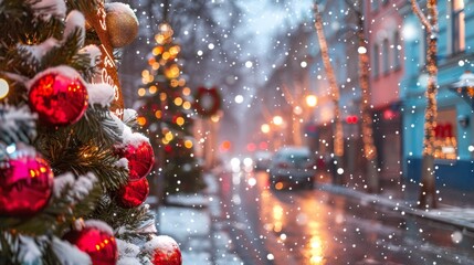 Winter night city in festive Christmas and New Year lights bokeh