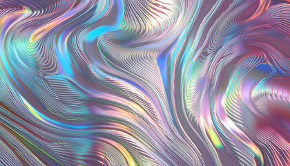 Poster - Abstract Iridescent Waves. Fluid Harmony of Pastel Blues, Pinks, and Purples. Dynamic and Organic Flow with Fine, Undulating Lines Reflecting Light. Futuristic Pattern
