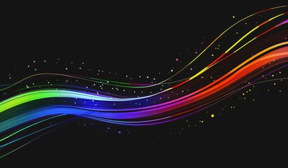 Vibrant abstract background featuring rainbow-colored curved lines on a black backdrop. Perfect for digital designs, wallpapers, and modern art projects.