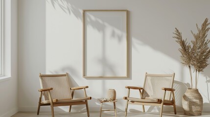 Living room design with empty frame mockup, two wooden chairs on white wall