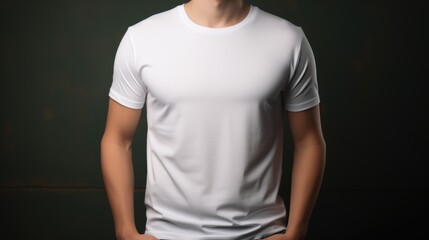 Man in white t shirt standing with hands in pockets on dark background